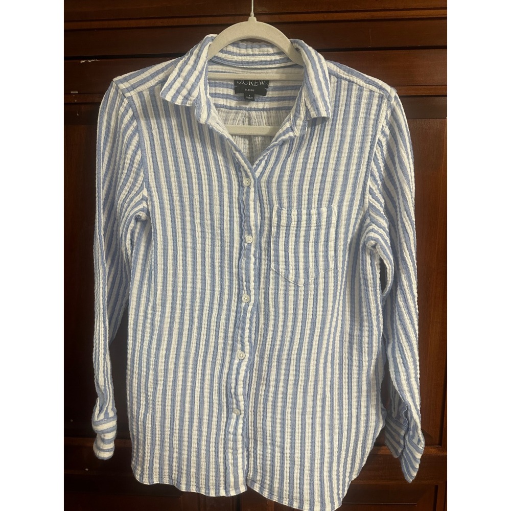 J.Crew Classic Re-Imagined Blue White Striped Cotton Gauze Button Down Shirt 6